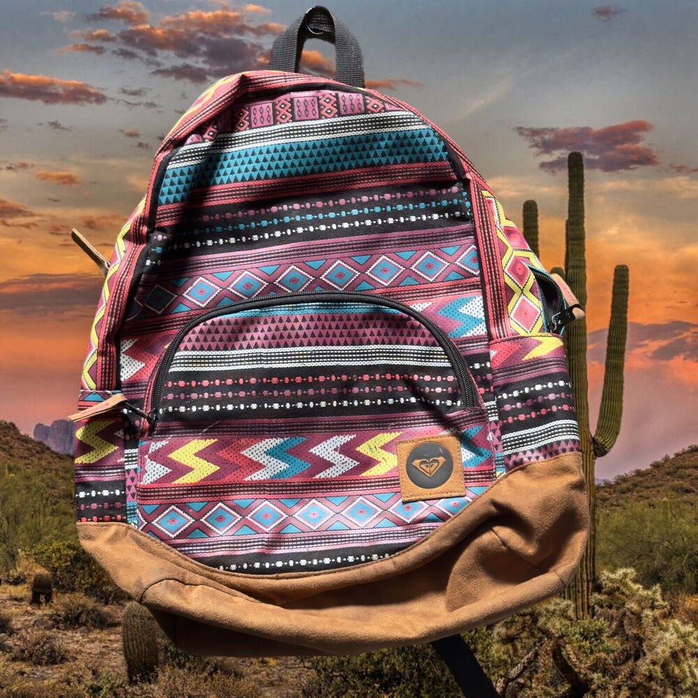 ROXY Aztec Navajo Large Backpack Suede Vinyl Zipper Southwest Ecuador Style Big
